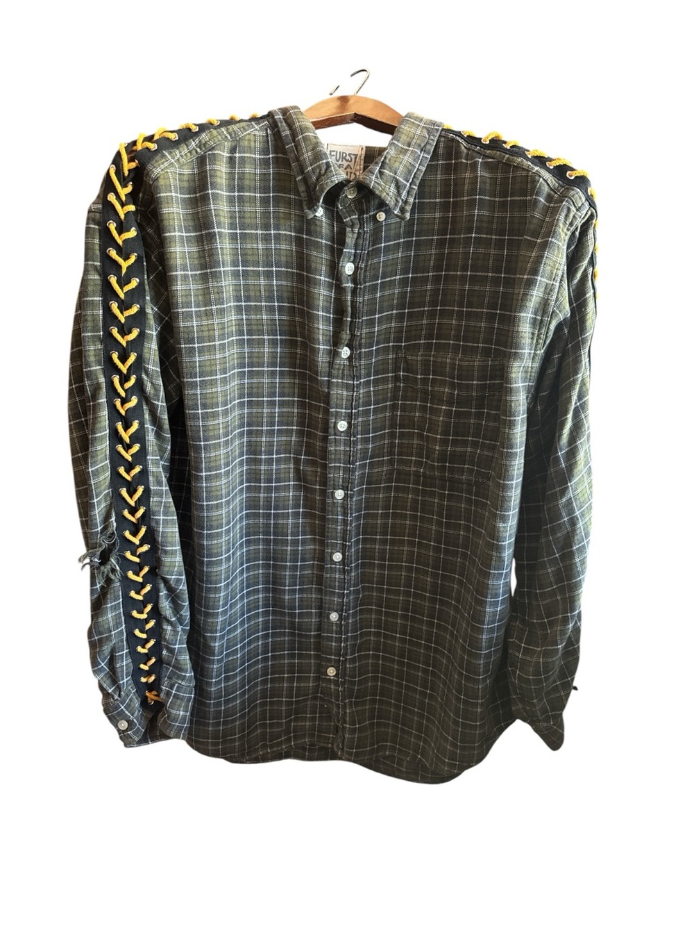 Furst of a Kind Men's XL Green Plaid Button-Up Shirt with Yellow Lace Detail
